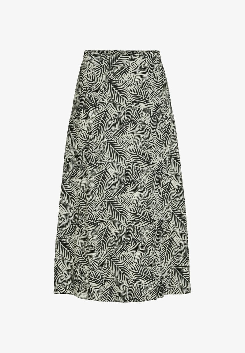 Laskostettu hame kevyestä kankaasta, jossa on yksivärinen lehvämusteri. Suunnittelussa on korkea vyötärö ja sileä pinta.