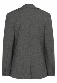 Gray tweed blazer with a notched collar, single vent, and four-button cuffs. Textured fabric, tailored fit, and clean finishing details.