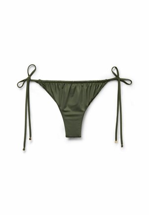 Olivengrøn bikiniunderdel med justerbare bindesider, sammensamlet stofdetaljer og minimal dækning. Glat tekstur og elegant design.