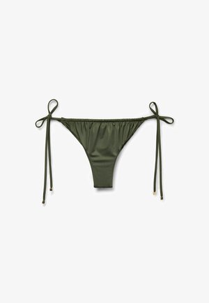 Olive green bikini bottom with adjustable tie sides, gathered fabric detailing, and minimal coverage. Smooth texture and sleek design.
