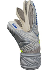Gant de gardien de but gris avec grip texturé, paume rembourrée et soufflets de doigt en mesh. Présente des accents bleus et jaunes néon. Design léger.