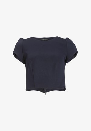Marineblauw cropped blouseje van gladde stof. Heeft korte pofmouwen, een ronde halslijn en een ritssluiting aan de achterkant.