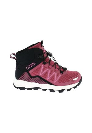 Hoher Wanderschuh in Pink und Schwarz mit Mesh-Gewebe, verstellbaren Bungee-Schnürsenkeln, robuster Sohle und wasserdichtem "dryfeet"-Label an der Seite.