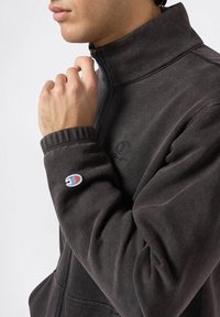 Chaqueta de forro polar gris oscuro con un cuello alto, frente con cremallera y puños elásticos. Presenta un pequeño logotipo bordado en la manga izquierda.