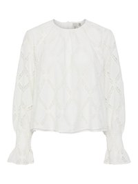 White blouse featuring a textured diamond pattern and puffed sleeves with smocked cuffs. Round neckline; lightweight, breathable fabric.