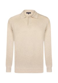 Polo shirt beige a maniche lunghe con una morbida texture a maglia, colletto con tre bottoni e polsini e orlo a costine. Design semplice e classico.