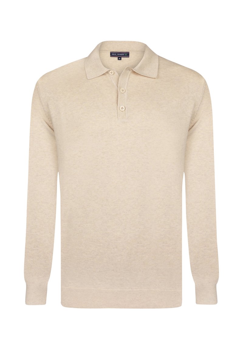 Polo shirt beige a maniche lunghe con una morbida texture a maglia, colletto con tre bottoni e polsini e orlo a costine. Design semplice e classico.