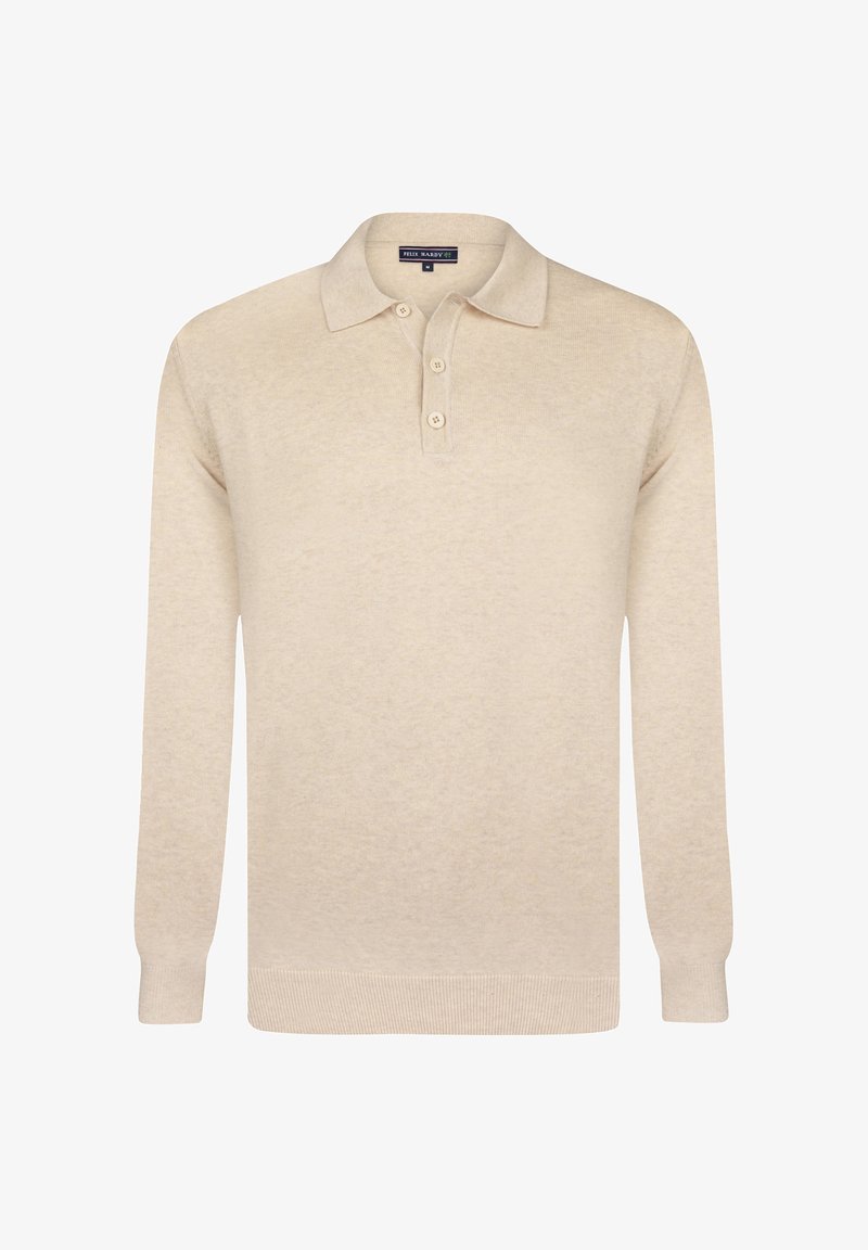 Polo shirt beige a maniche lunghe con una morbida texture a maglia, colletto con tre bottoni e polsini e orlo a costine. Design semplice e classico.