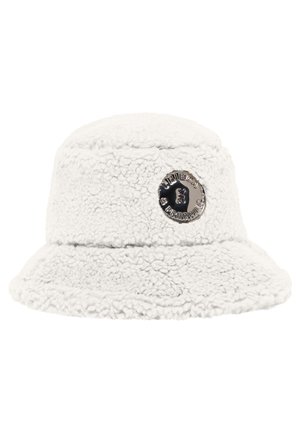 White textured bucket hat with soft fleece fabric and a circular black metal badge featuring the Friedman & Freedman logo on the front.
