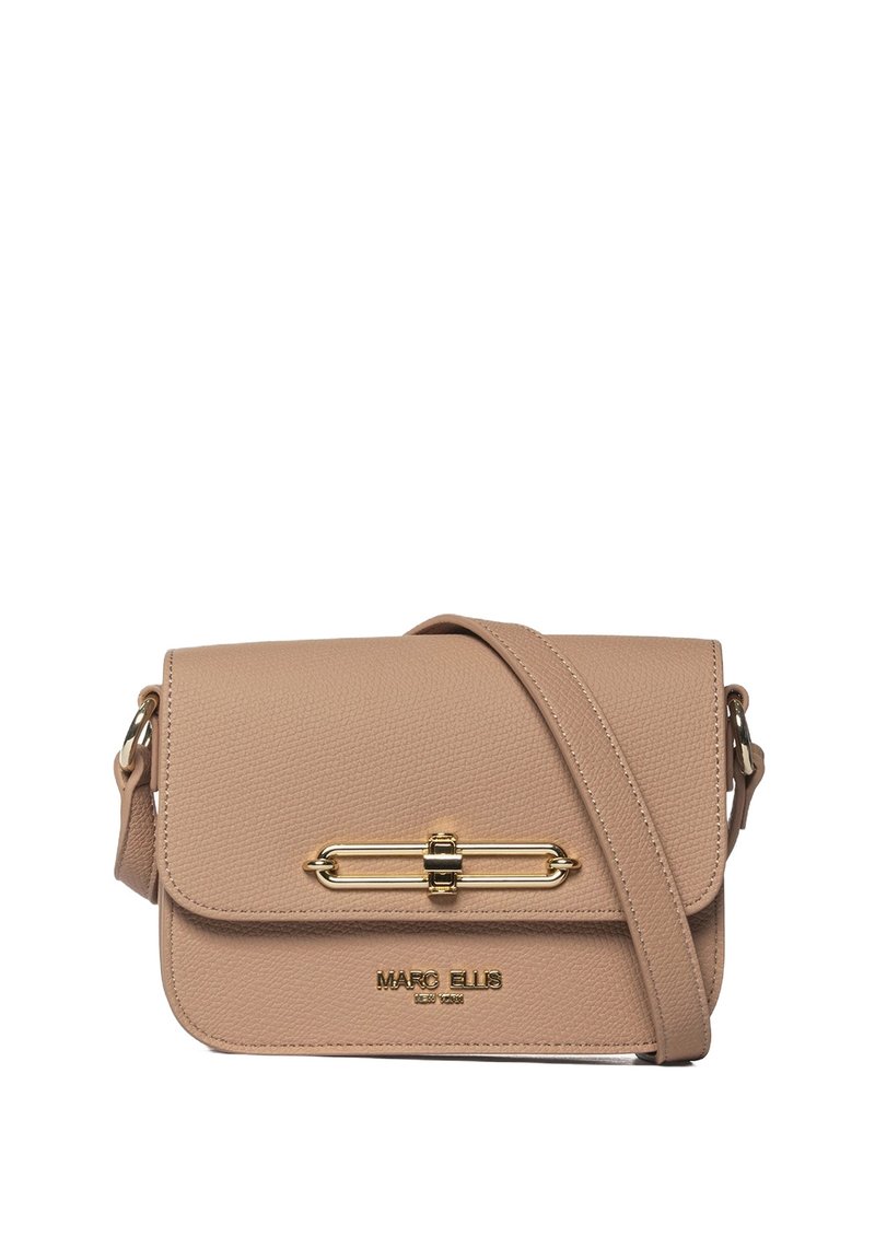 Borsa a tracolla in pelle beige con finitura texture, hardware dorato e chiusura frontale. Include una tracolla regolabile per versatilità.