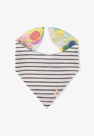 Striped baby bib with triangular shape, featuring colorful, patterned ear-like corners and a small fabric tag at the bottom.
