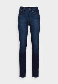Dark blue jeans with a straight leg design, made of denim, featuring a high waist, classic five-pocket styling, and contrast stitching.