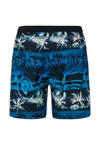 Blauwe strandshorts met een palmbomenpatroon, elastische tailleband en contrasterende zwarte accenten. Gemaakt van lichtgewicht stof met een zachte textuur.