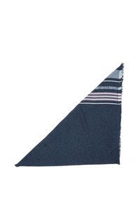 Navy blue scarf with a leaf pattern, triangular shape, frayed edges, and striped accents in light blue and pink on one side.
