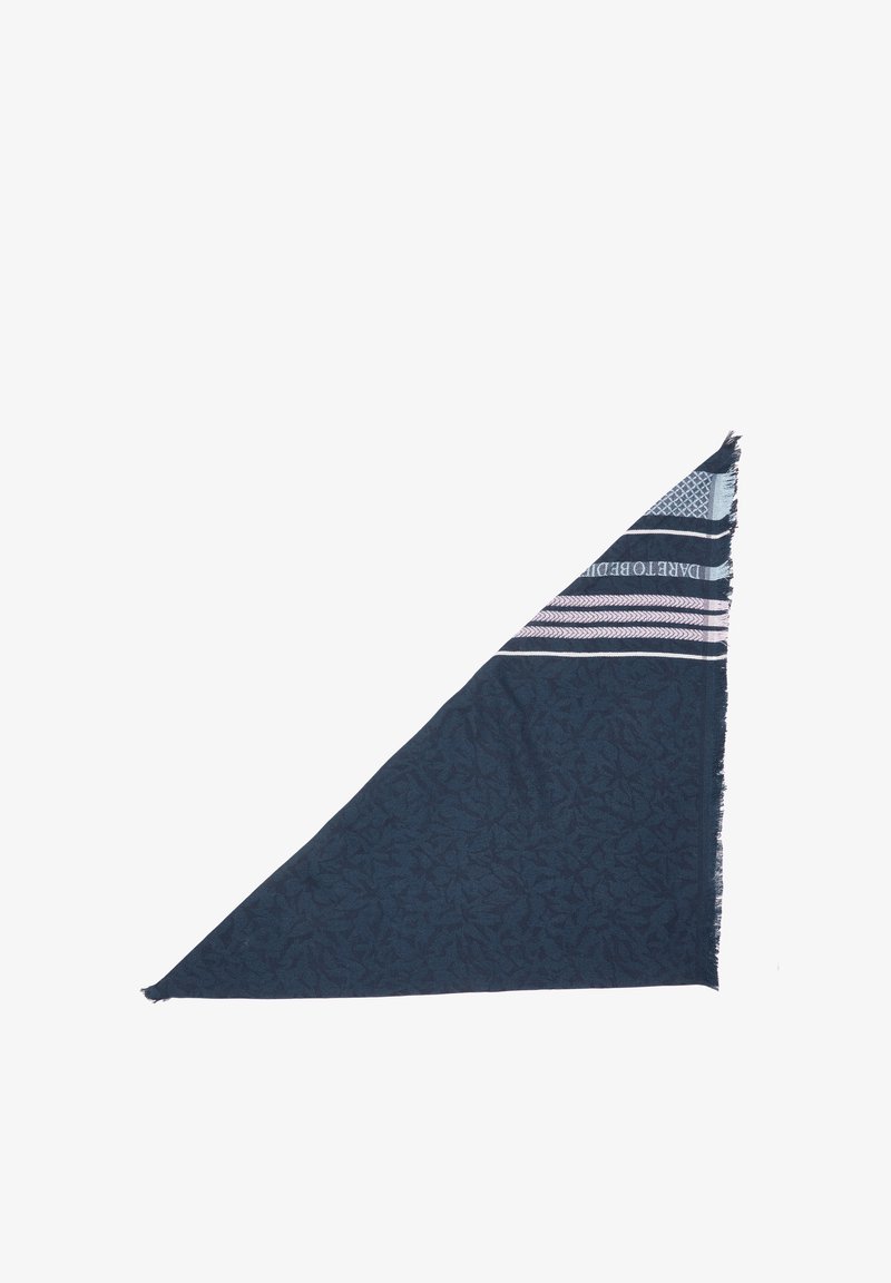 Navy blue scarf with a leaf pattern, triangular shape, frayed edges, and striped accents in light blue and pink on one side.