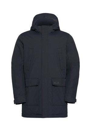 Parka impermeabile blu navy con colletto alto, cappuccio e due tasche frontali. Presenta una texture liscia e un design semplice, adatto per l'uso all'aperto.