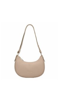 Borsa a spalla in pelle beige con forma curva, una tracolla sottile e regolabile, e un dettaglio logo dorato sul davanti. Superficie liscia e texturizzata.