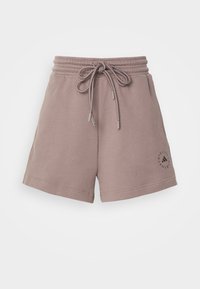 Pantalones cortos en color malva claro hechos de una suave mezcla de algodón, con una cintura elástica y cordón ajustable, y un logo impreso en la esquina inferior izquierda.