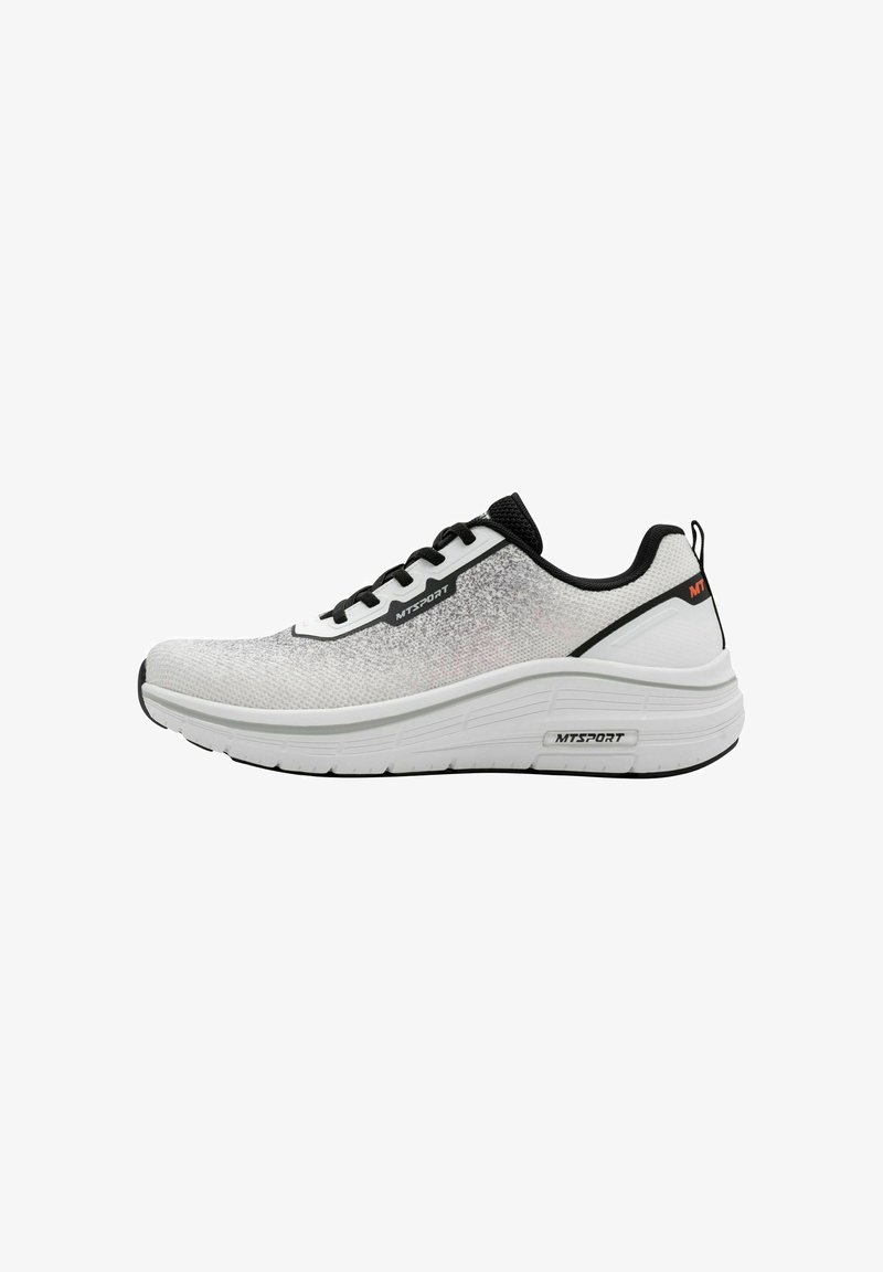 Světlé šedé a bílé sportovní boty s černými tkaničkami a detaily, tlustou polstrovanou podrážkou a značkou "MTSPORT" na boku a patě.