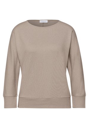 Beige langærmet sweater med ribstrikkede manchetter og kant, rund halsudskæring og en lille mærkat indeni kraven.