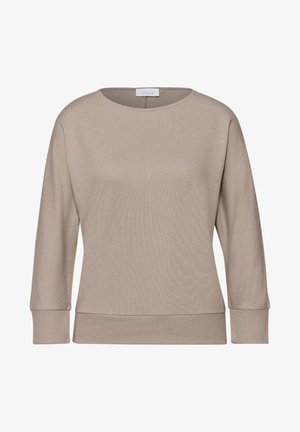 Beige langærmet sweater med ribstrikkede manchetter og kant, rund halsudskæring og en lille mærkat indeni kraven.