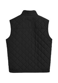 Zwart, doorgestikt vest met een opstaande kraag, elastische zoom en een gladde textuur. Achteraanzicht toont ruitvormige stiksels en geen zichtbare sluitingen.