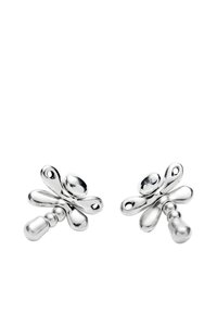 Gemelos de plata con un diseño floral, superficies lisas, acentos redondeados y un acabado pulido. Detalles únicos que realzan su atractivo visual.