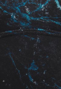 Black fabric featuring a textured pattern with blue and white accents, resembling marbled stone. Smooth finish and solid stitching detail.