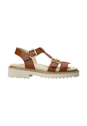 Sandale en cuir marron avec deux boucles argentées ajustables, semelle épaisse beige rembourrée et semelle extérieure texturée pour une meilleure adhérence.