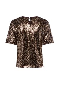 Bronzen pailletten top met een luipaardpatroon, korte mouwen, een ronde halslijn en een klein sleutelgatopening aan de achterkant.