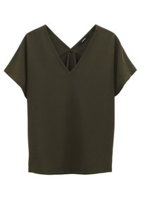 Top corto olive green a maniche corte con scollatura a V e design con schiena incrociata. Realizzato in un tessuto morbido con una vestibilità rilassata, presenta una cucitura centrale.