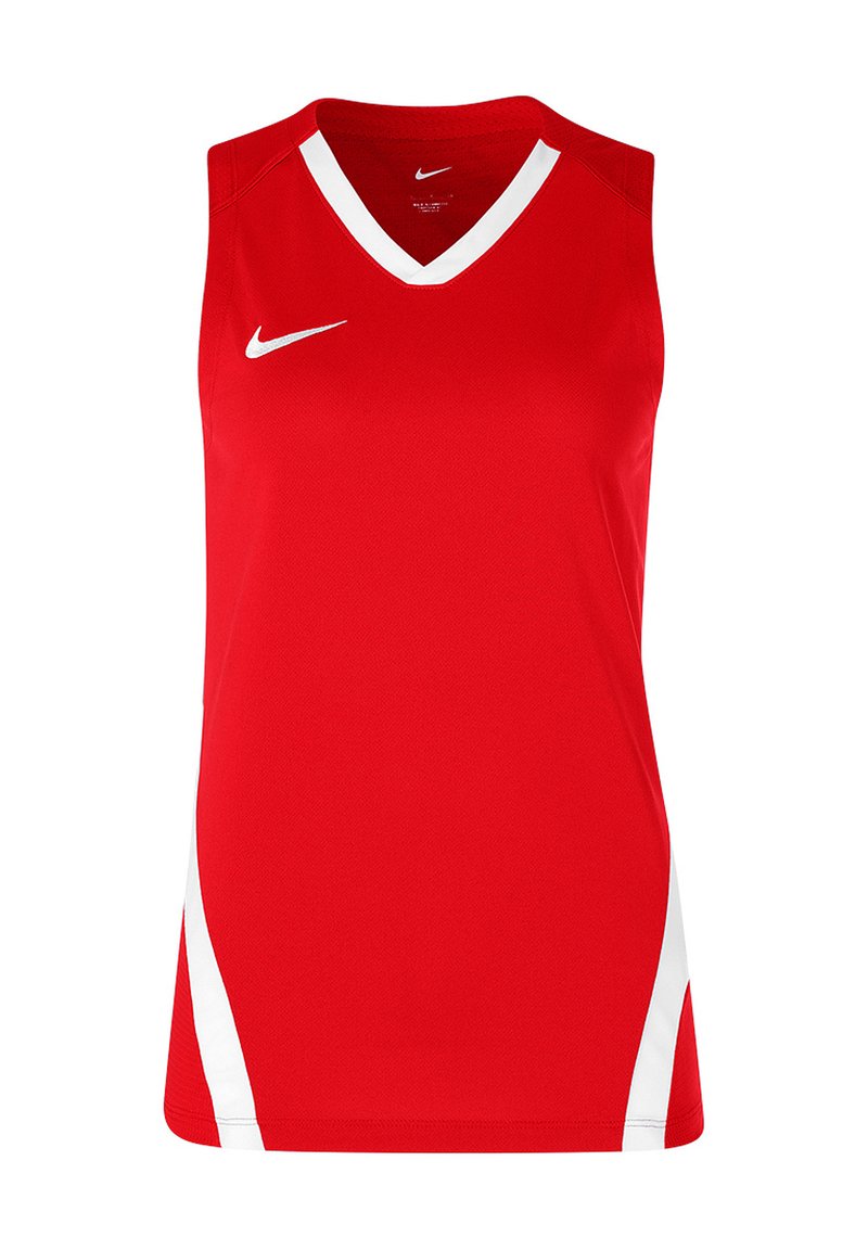 Rode atletische tanktop met V-hals, met witte accenten aan de zijkanten en een Nike-logo op de borst. Gemaakt van ademend materiaal.