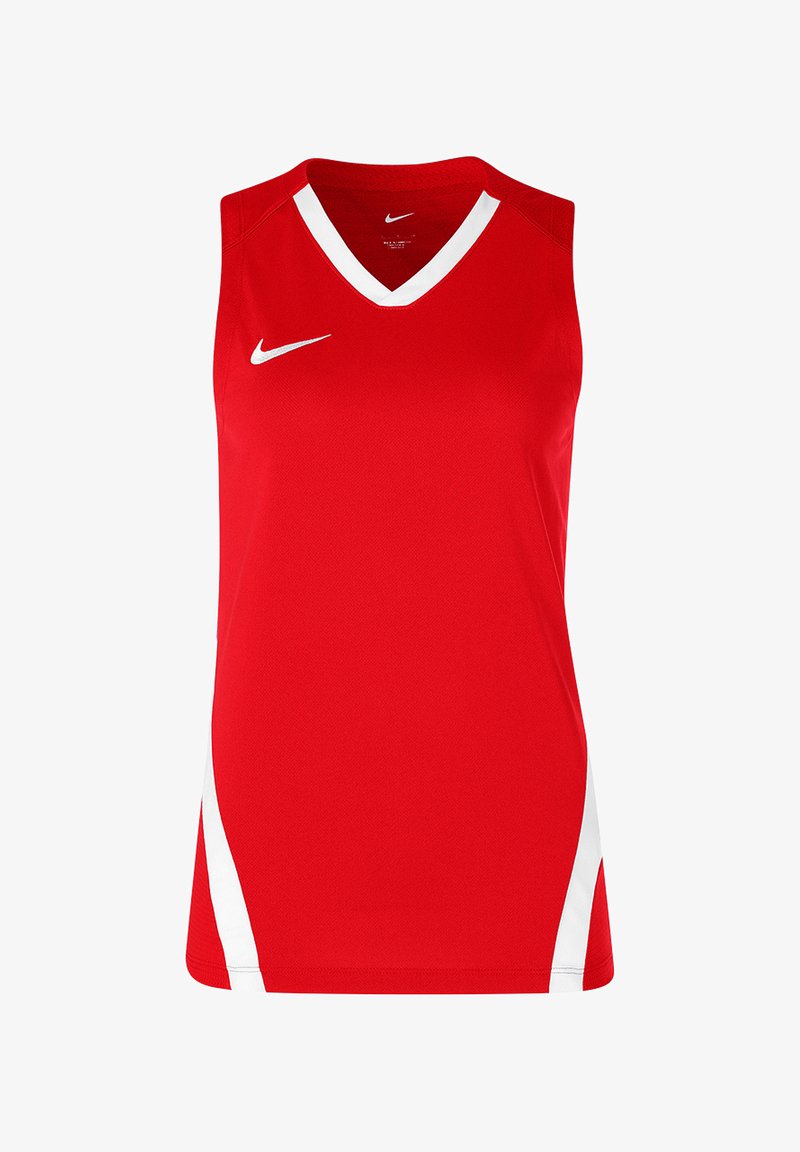 Rode atletische tanktop met V-hals, met witte accenten aan de zijkanten en een Nike-logo op de borst. Gemaakt van ademend materiaal.