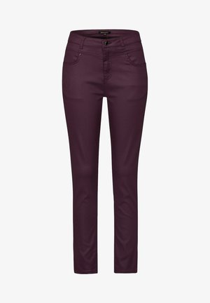 Jeans elasticizzati viola con vestibilità slim. Presentano una chiusura con zip e bottone, due tasche anteriori e dettagli di cuciture sottili.