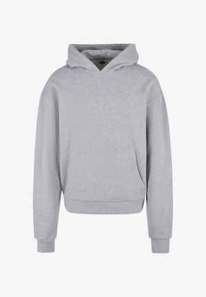 Sivá bavlnená mikina s kapucňou, prednou vreckom, šnúrkami na kapucňu a rebrovanými manžetami a lemami. Má jemný, textúrovaný povrch.