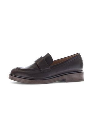 Black leather loafer with wide strap detail, rounded toe, and stacked low wooden heel against a white background.