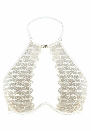 Hvid blonde-bh med en scalloped design, der har fiske mønstre, tynde stropper, en hjerteformet hardware-lås og en gennemsigtig tekstur.