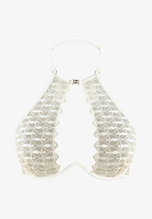 Weißes Spitzen-Bralette mit einem gewellten Design, das Fischmuster aufweist, dünne Träger, einen herzförmigen Verschluss und eine durchsichtige Textur.