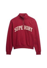 Bordeaux sweatshirt met een hoge kraag en een halve rits. Bevat een crèmekleurig "SUPERDRY" logo op de borst. Geribbelde manchetten en zoom.