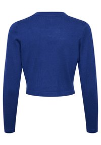 Pull court bleu à manches longues, texture tricotée, encolure ronde et détails minima, adapté à diverses options de superposition.