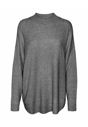 Grijze oversized gebreide trui met een hoge ribbelhals en een ontwerp met verlaagde schouders. Heeft een gladde textuur en een rechte zoom.