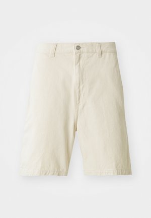 Beige cotton shorts with a straight cut, a button and zip closure, two front pockets, and a plain texture. No visible patterns or accents.