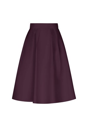Burgundy A-line skirt with a smooth, matte texture, fitted waist, and pleated design for added volume. No visible accents or patterns.