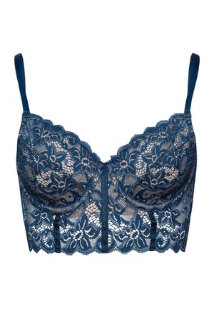 Kanten beha in diepblauw met gegolfde randen, onderbroken ondersteuning en verstelbare bandjes. Bloemendessin over de hele beha met een doorschijnende afwerking.