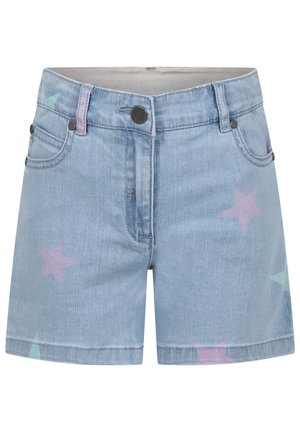 Pantaloni shorts in denim di colore blu chiaro con motivi a stelle multicolori in rosa e menta. Presentano tasche frontali e chiusura con bottone.