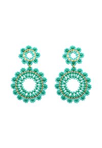 Türkiz gyöngyös fülbevalók virágmintával, kör alakú formákkal és aranyszínű díszítéssel. Texturált felület lyukas középpontokkal.