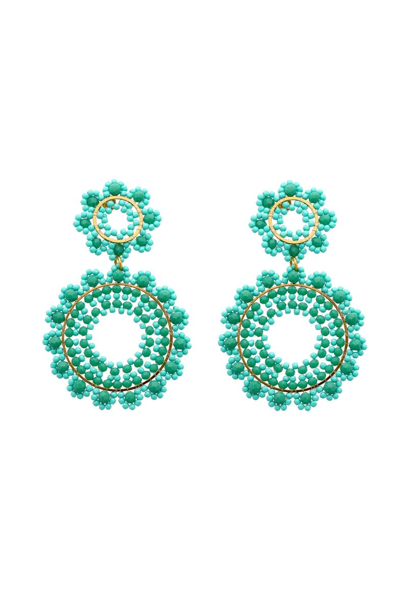 Türkiz gyöngyös fülbevalók virágmintával, kör alakú formákkal és aranyszínű díszítéssel. Texturált felület lyukas középpontokkal.