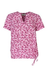 Kurzarm-Bluse in Fuchsia mit weißem Blumenmuster. Verfügt über einen V-Ausschnitt und ein seitliches Bindedetail zur Verstellbarkeit. Leichtes Material.