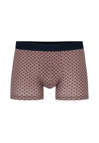 Boxershorts aus weichem Stoff, mit einem geometrischen roten und blauen Muster auf einem beigen Hintergrund; marineblauer elastischer Bund mit Logo.