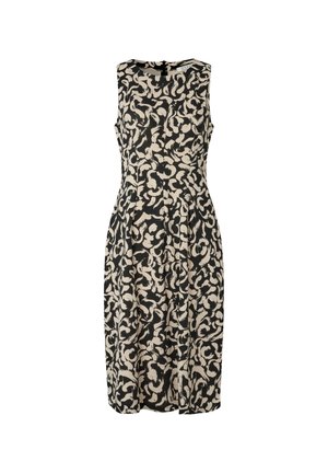 Sukienka bez rękawów w czarno-kremowym kolorze, zdobiona kwiatowym wzorem, o długości do kolan, z zamkiem błyskawicznym z tyłu.